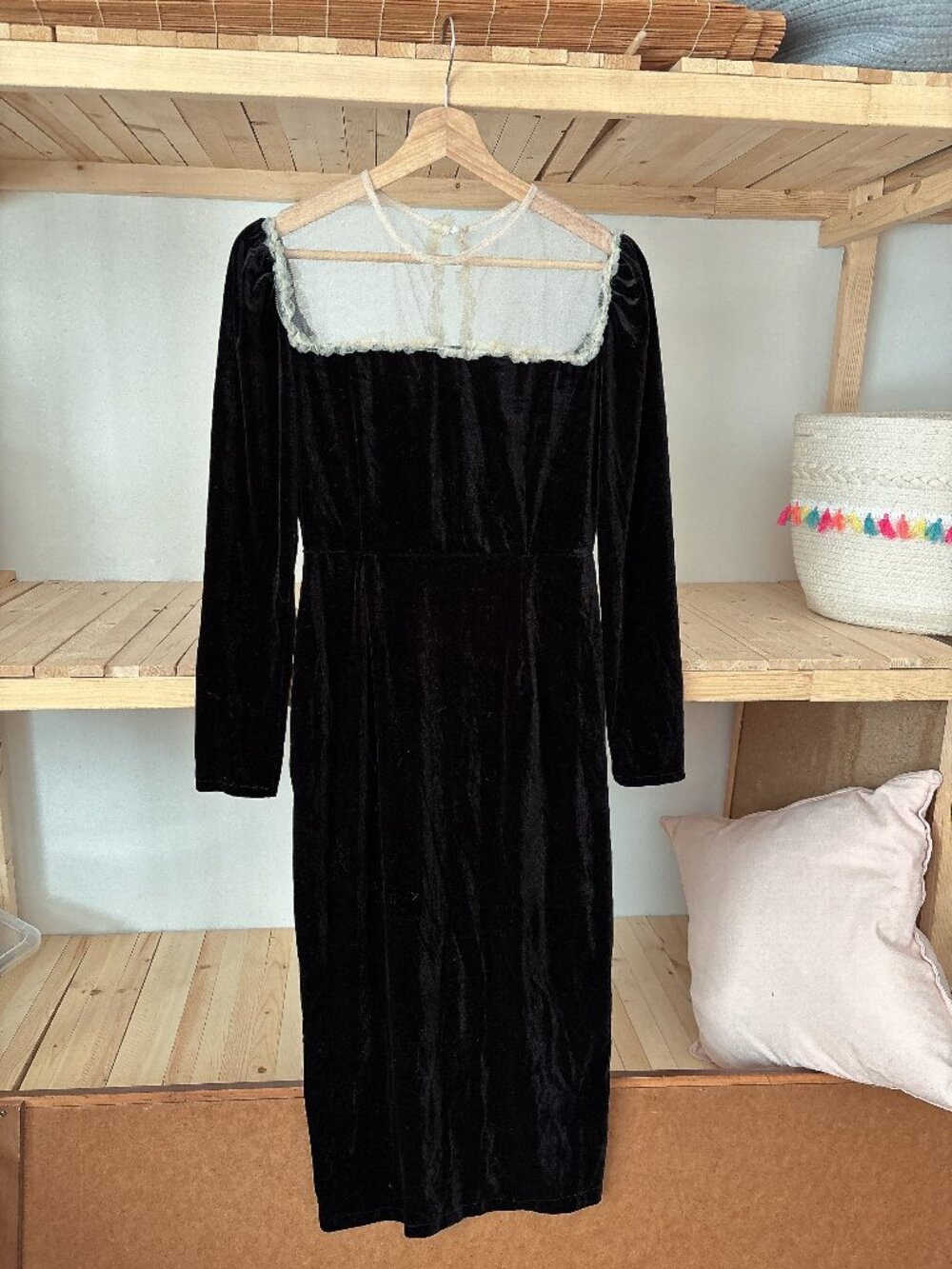 Black Velvet Long-Sleeve Dress with Lace & Mesh Details